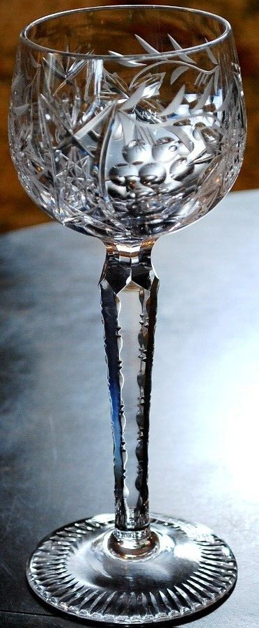 Vintage LAUSITZER Clear Cut Crystal TALL HOCK WINE GLASS Grapes & Star 7 7/8\