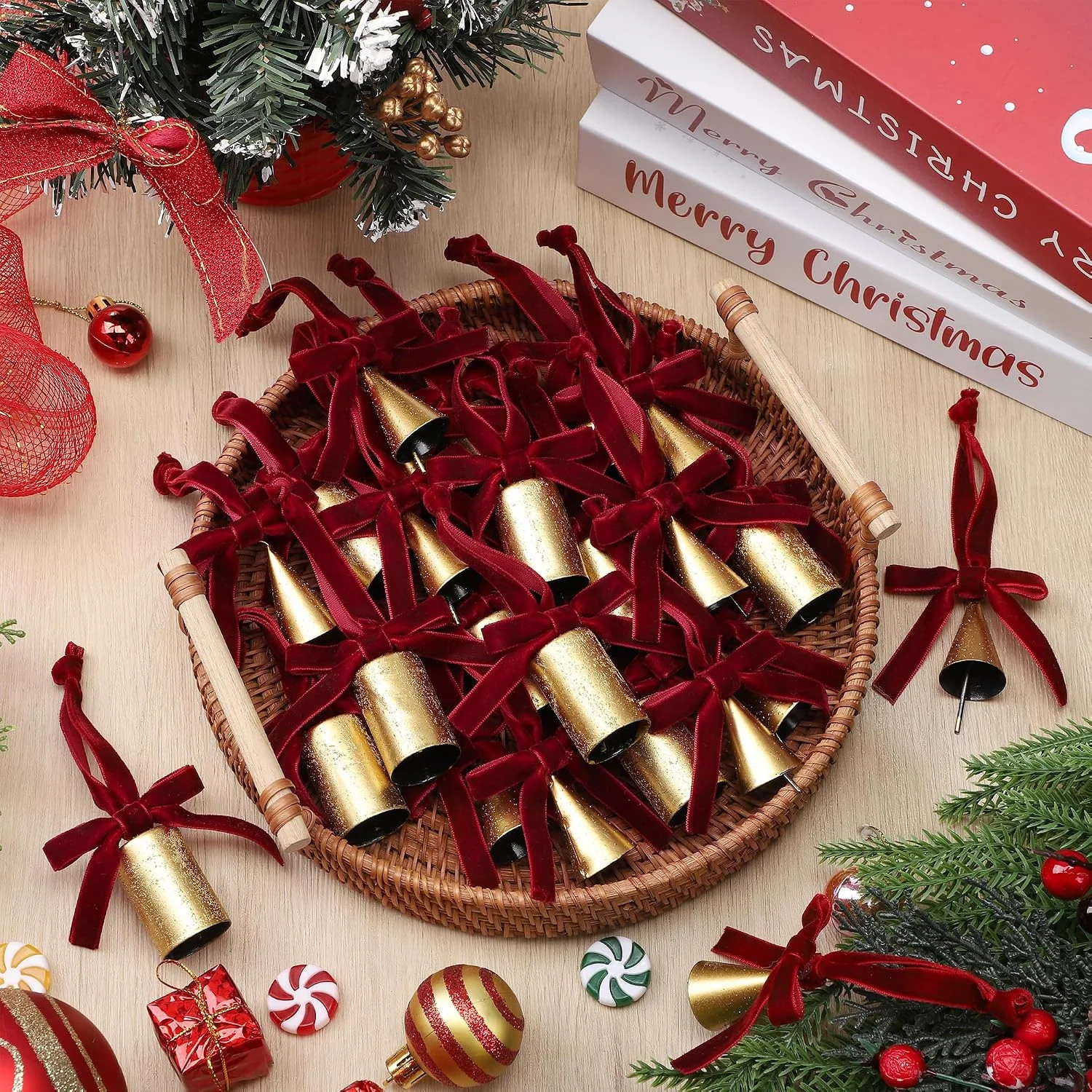 24Pcs Christmas Cow Bells Vintage Tin Bell with Burgundy Bow 24Pcs Christmas Cow Bells Vintage Tin Bell with Burgundy Bow