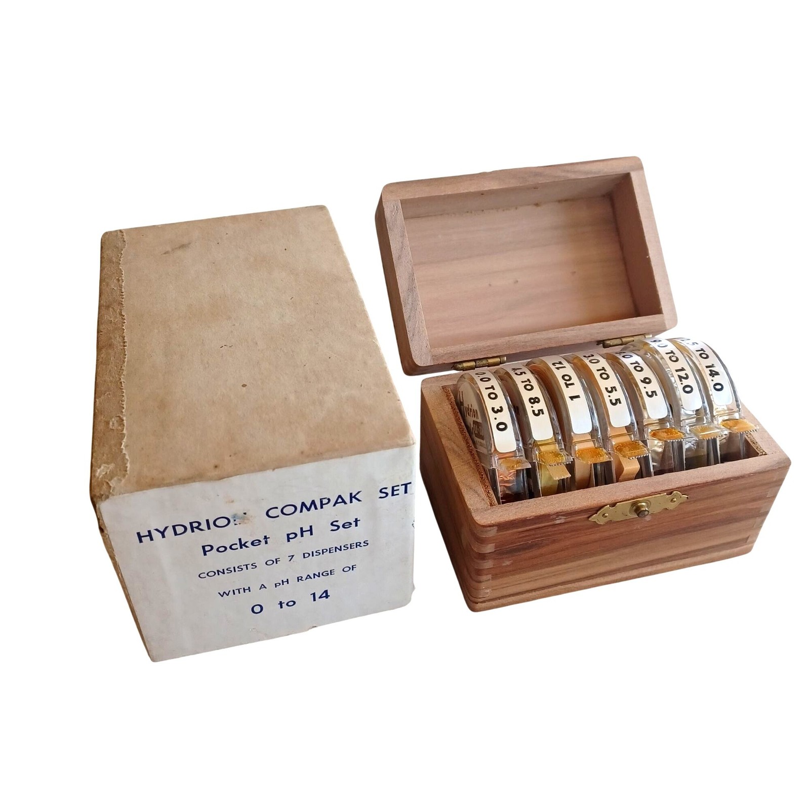 Vintage Hydrion Compak Pocket pH Kit 7 Rolls Wood Case Original Box Science Prop
