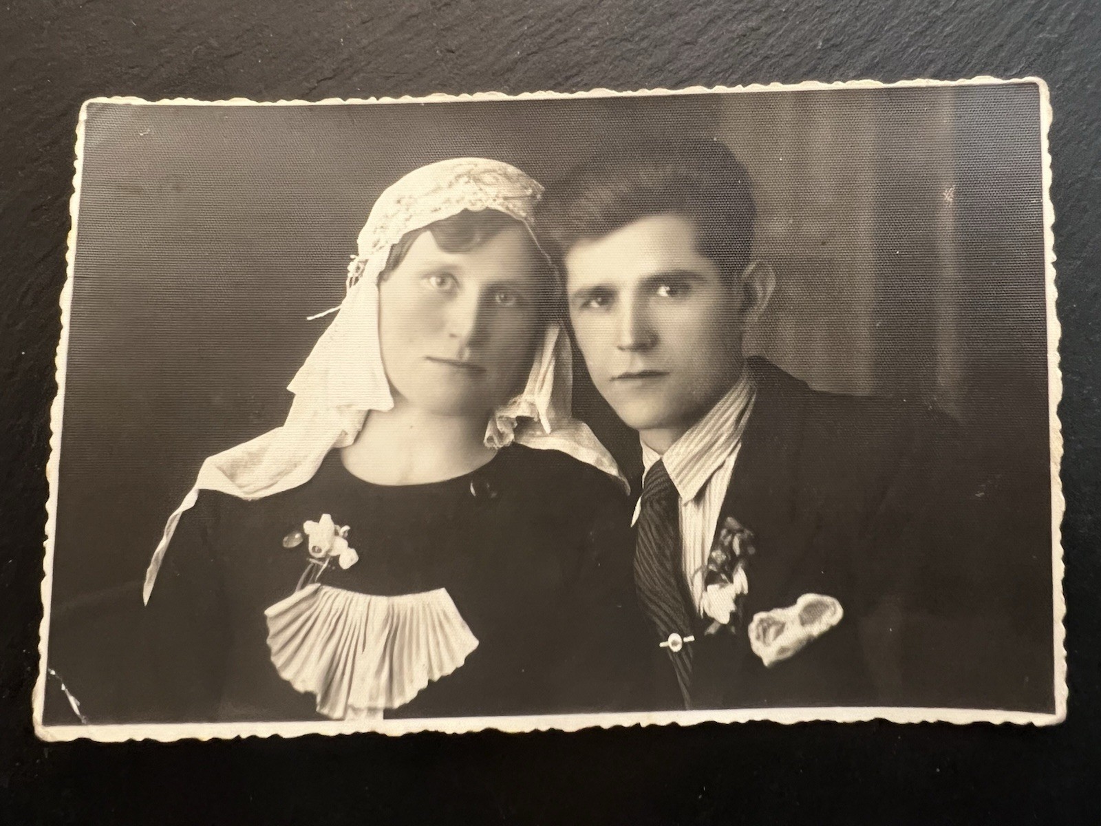 1920s Antique RPPC Postcard Wedding Couple Bride Veil Suit Deckle 