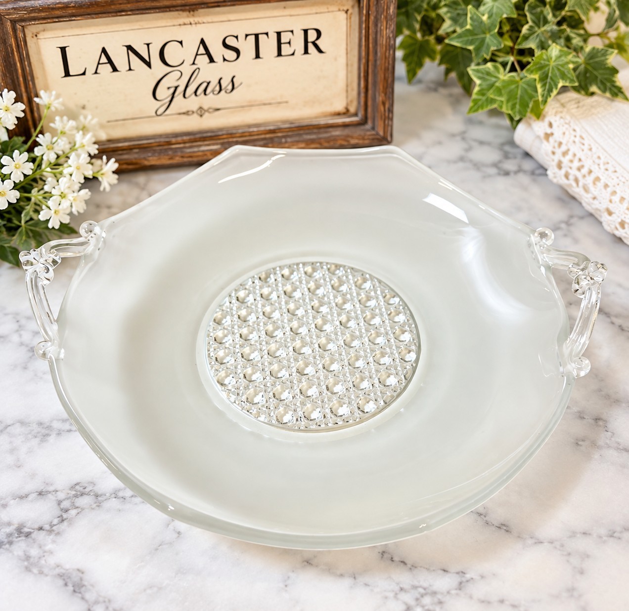 VTG 1930s Lancaster Glass Cane Satin Depression Serving Bowl Dual Handles