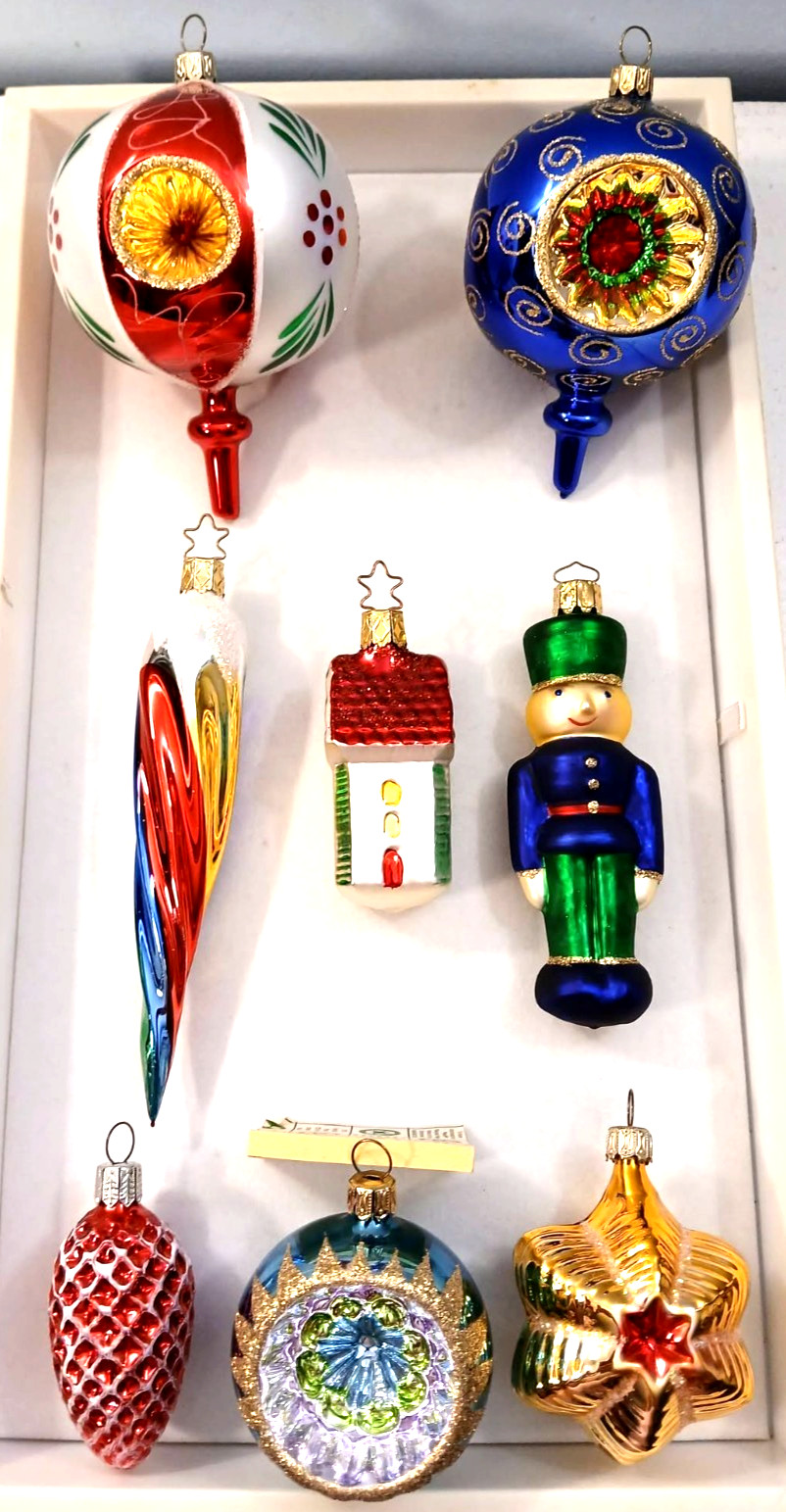Lot of 8 Vintage Hand Blown Mercury Glass Christmas Ornaments all marked Germany