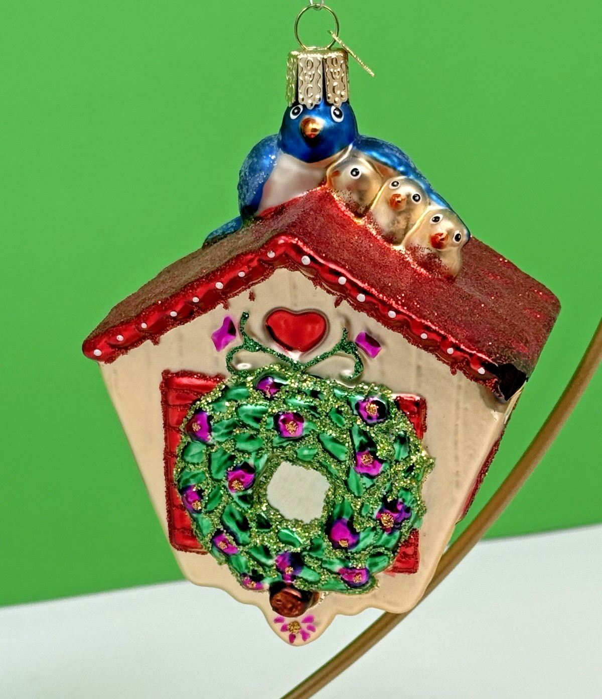 Old World Christmas Blown Glass OWC Bluebird and Chicks Birdhouse with Wreath