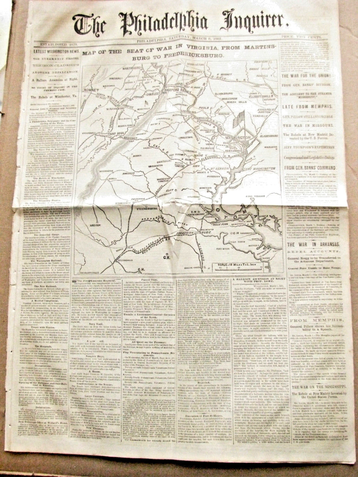 CIVIL WAR NORTHERN VIRGINIA & MARYLAND MAP ILLUS WAR NEWS 1862