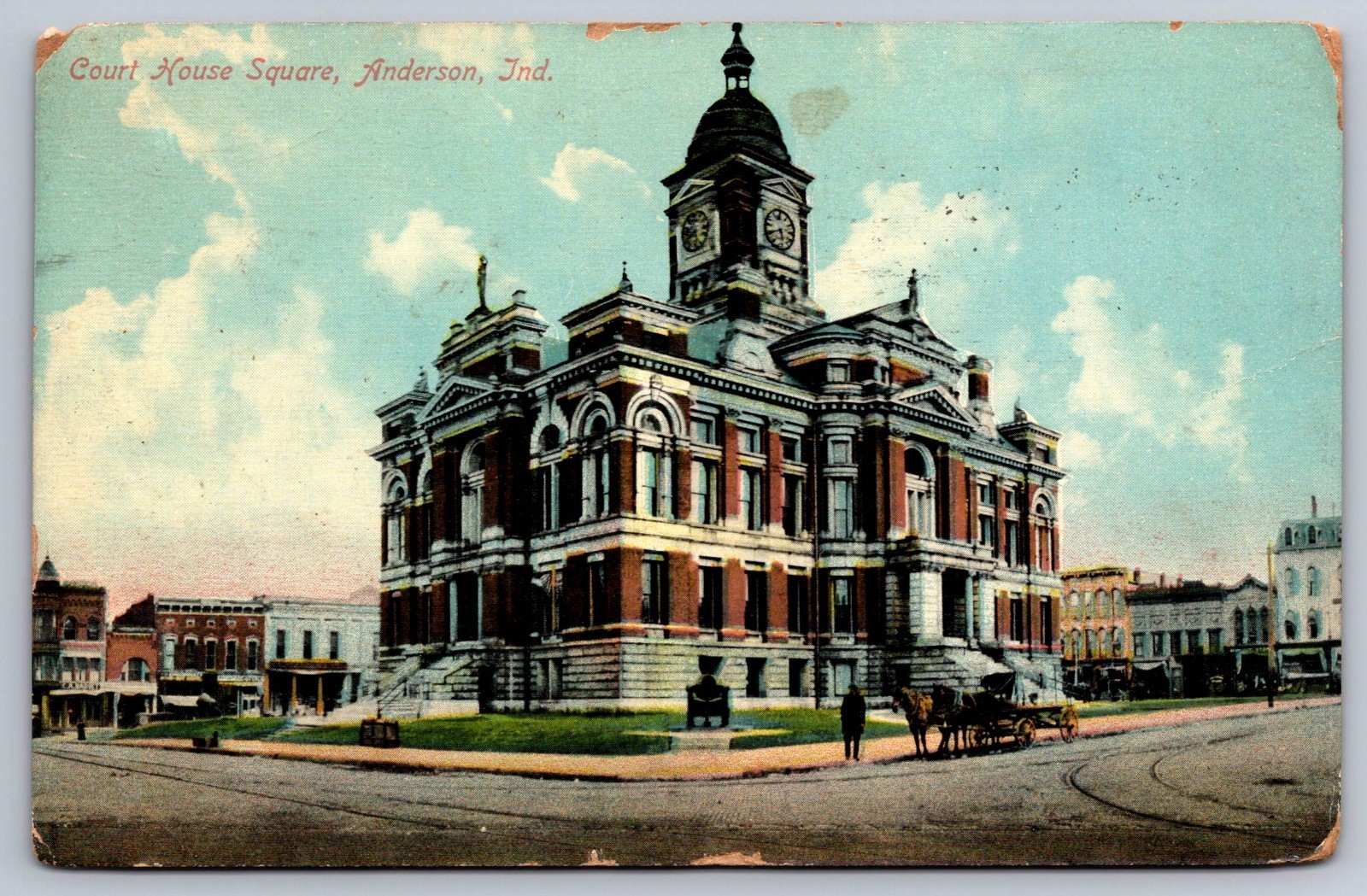 Anderson IN Indiana Court House Square Horse & Carriage Antique Postcard c.1908