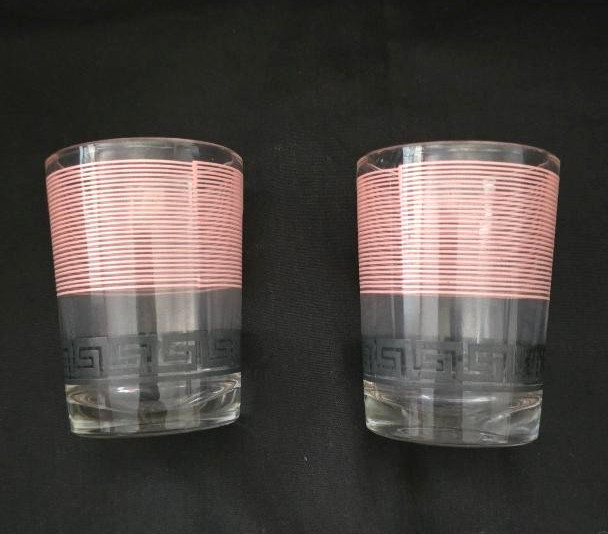 VINTAGE HAZEL ATLAS PINK & BLACK GREEK KEY CORDIAL SHOT GLASS 2 PC MCM BARWARE