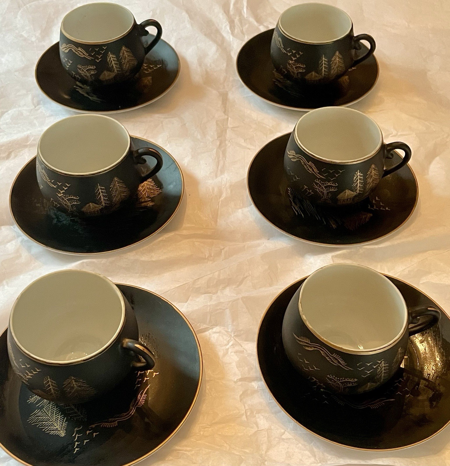 Kutani Lithophane Geisha Cup & Saucer Set Of 6 Blk Matted 24k Gold Accents VTG Kutani Lithophane Geisha Cup & Saucer Set Of 6 Blk Matted 24k Gold Accents VTG