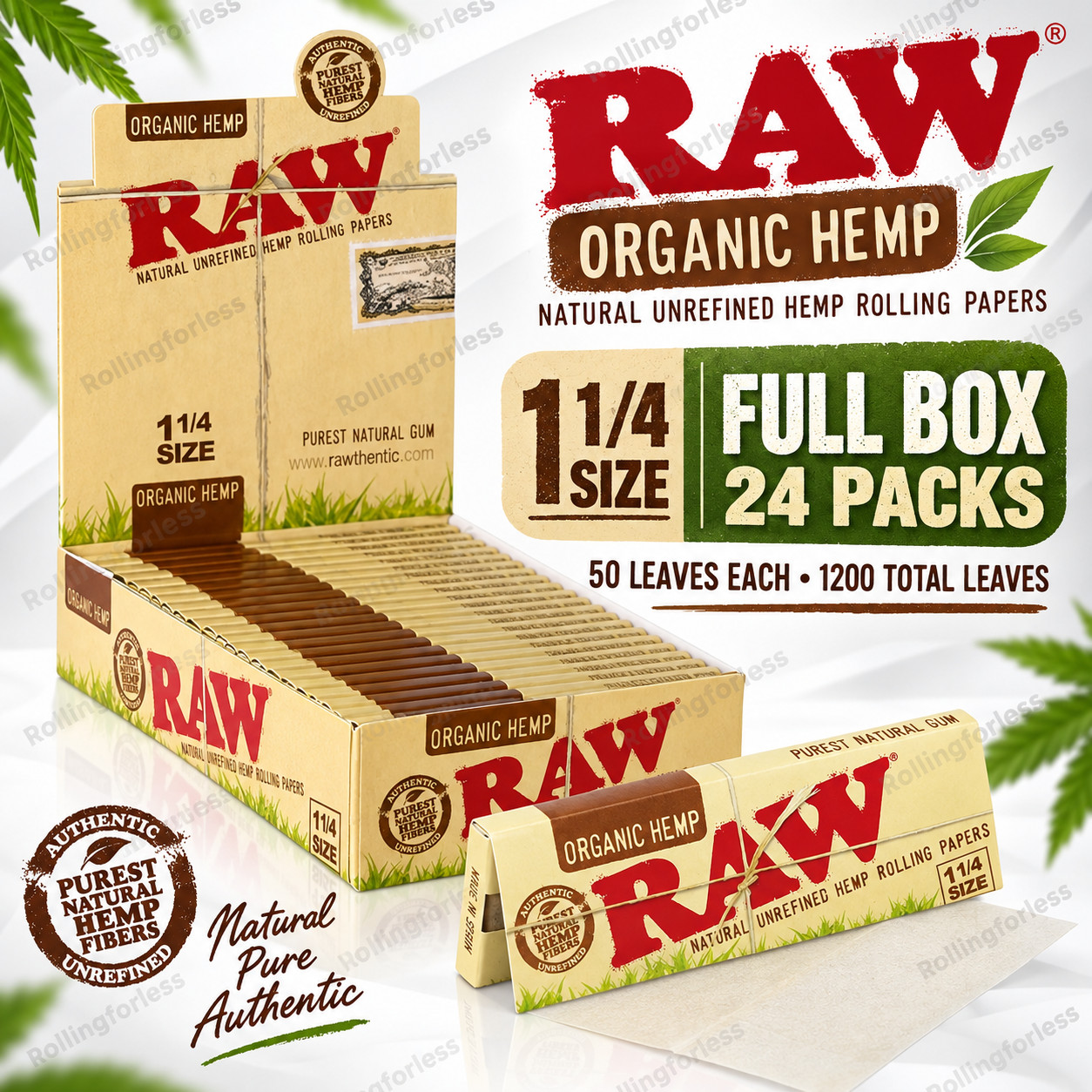 RAW Organic Hemp 1 1/4 Rolling Papers 24 Packs Full Box 1200 Leaves Unbleached