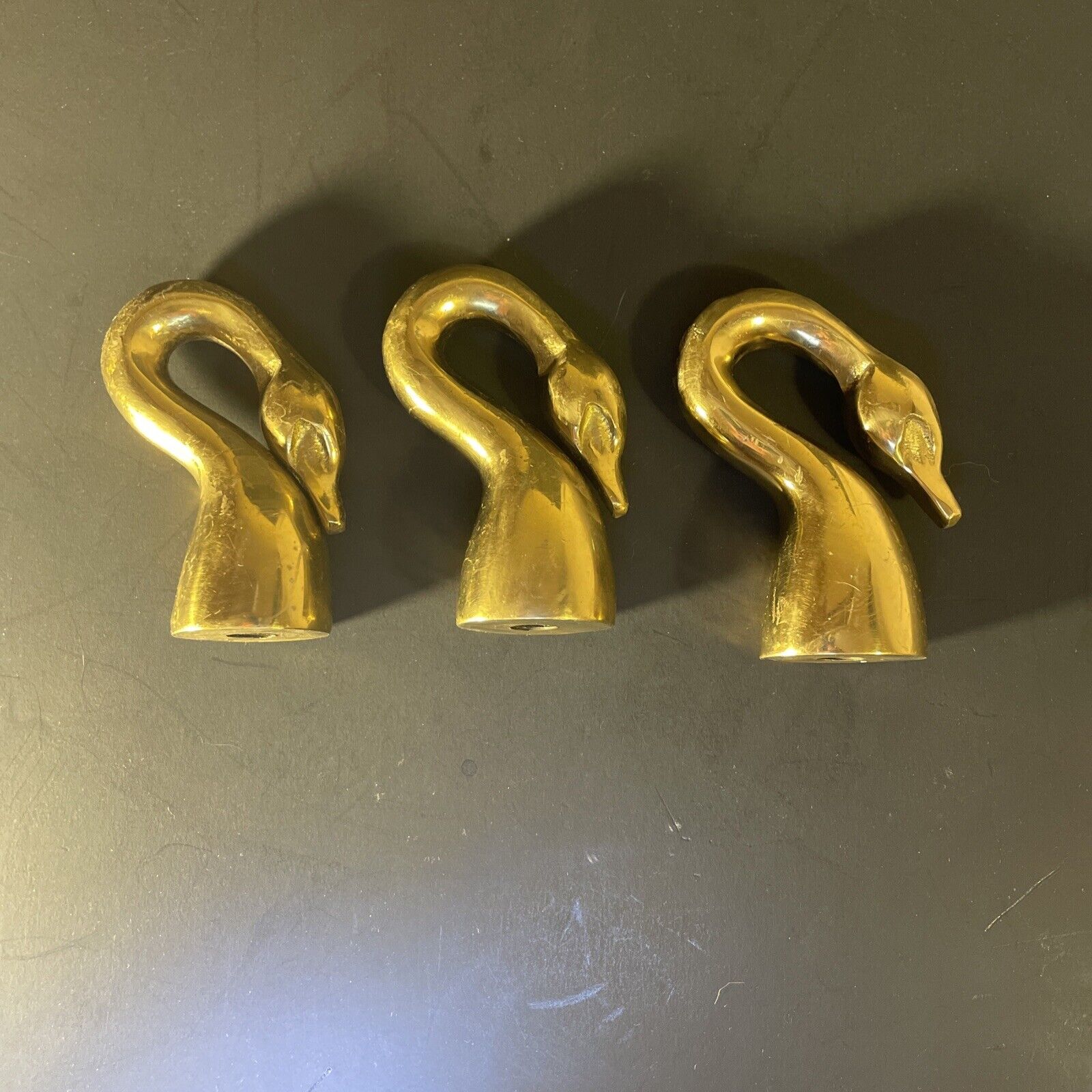 Heavy Brass Swan Vintage Rare Set Of 3 Handles Cane Top 3” 10oz Ea. 3/8-24 Threa