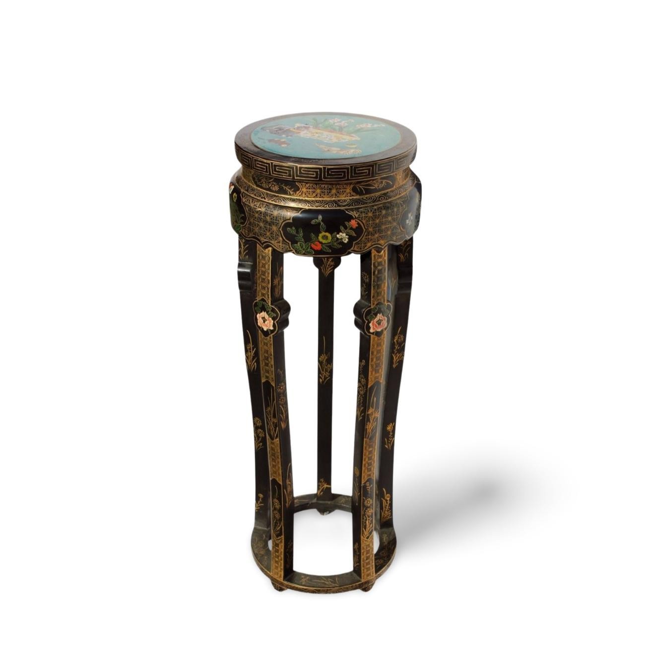 A Chinese Laquer Ware Pedestal with Cloisonne Top