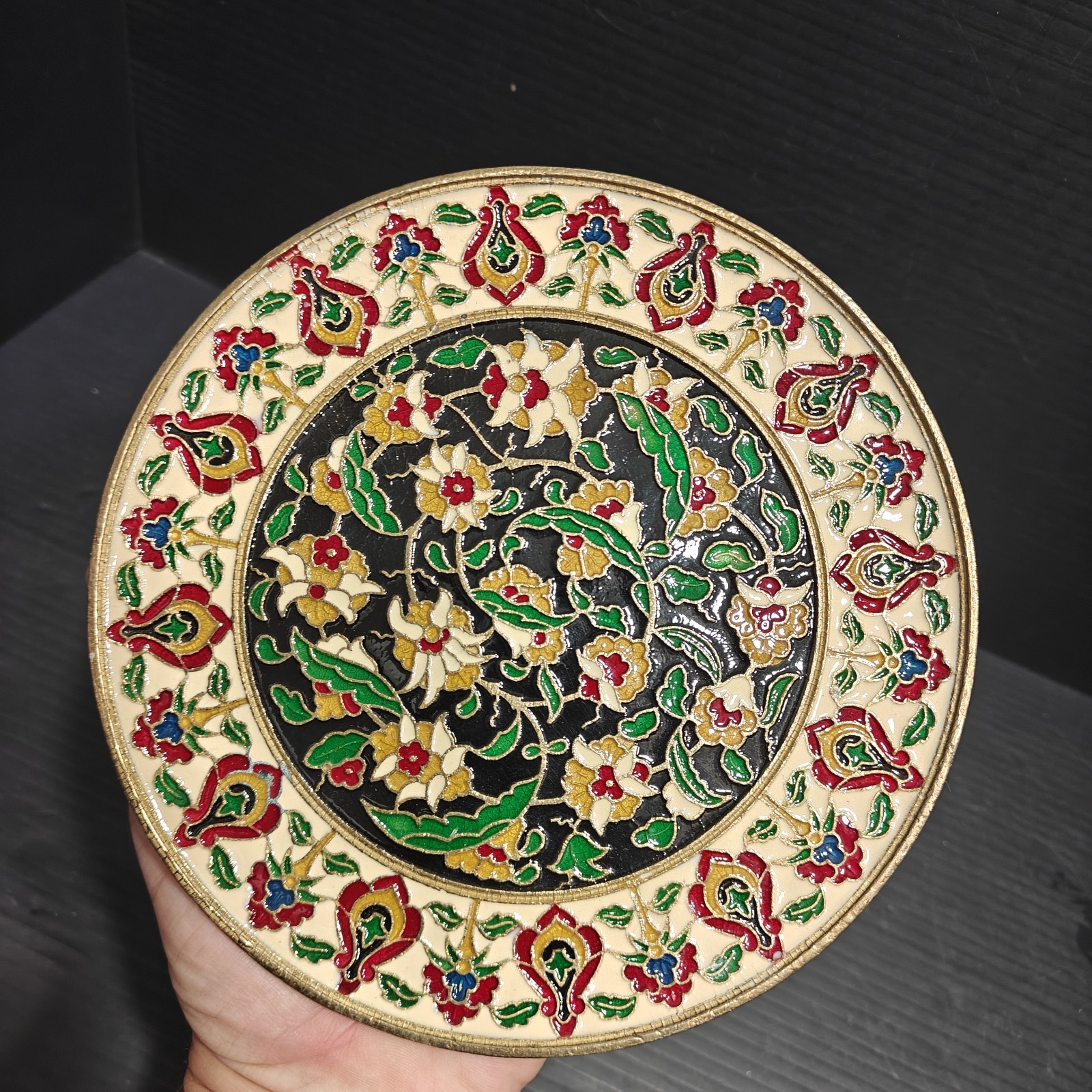 Vintage Enamel Brass Wall Plate Floral Cloisonne Style 7” Decorative Hanging
