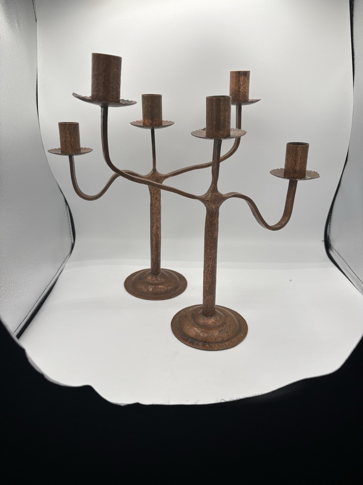 Pair 1950s-60s Gregorian Hand Wrought Copper 3 Arm Candelabras 12” Hammered