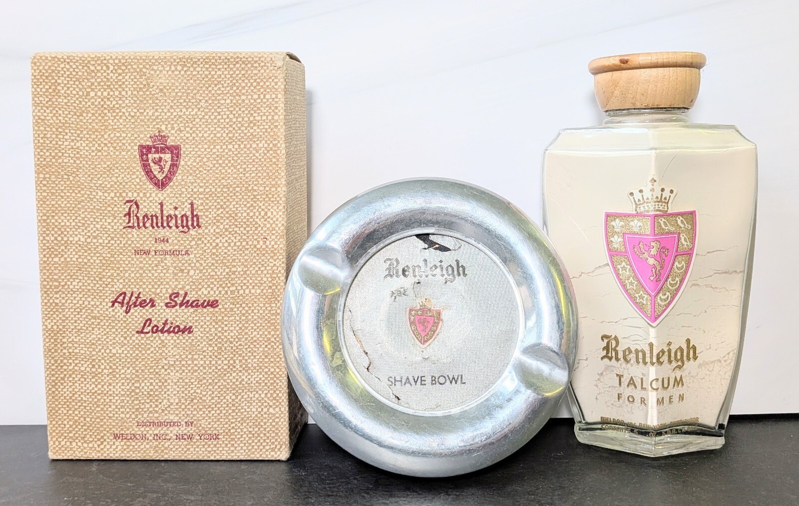 Vintage 1940s Renleigh Men Shaving Set NOS Talc Aftershave Box Metal Bowl Prop Vintage 1940s Renleigh Men Shaving Set NOS Talc Aftershave Box Metal Bowl Prop