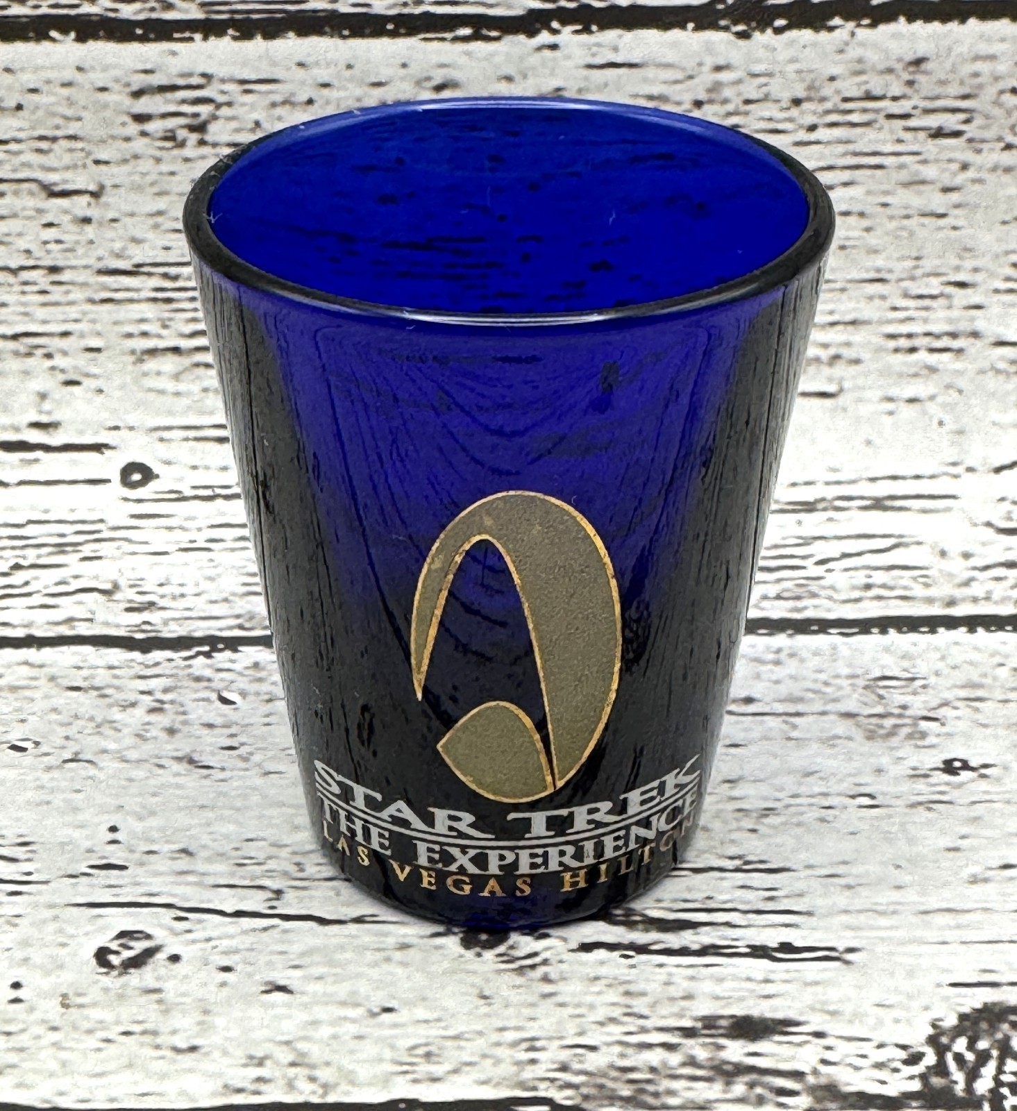 Star Trek The Experience Las Vegas Hilton Shot Glass 1997 Cobalt Blue Gold
