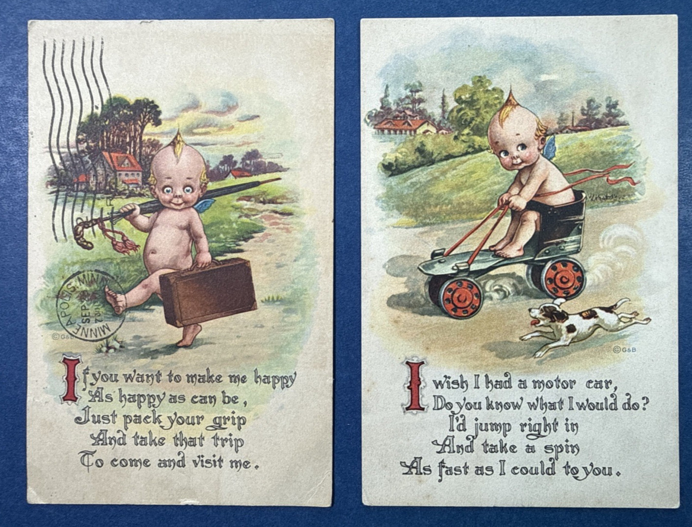 SET 2 Children Angels Greetings Antique Postcards. Kewpie Style. 1915.