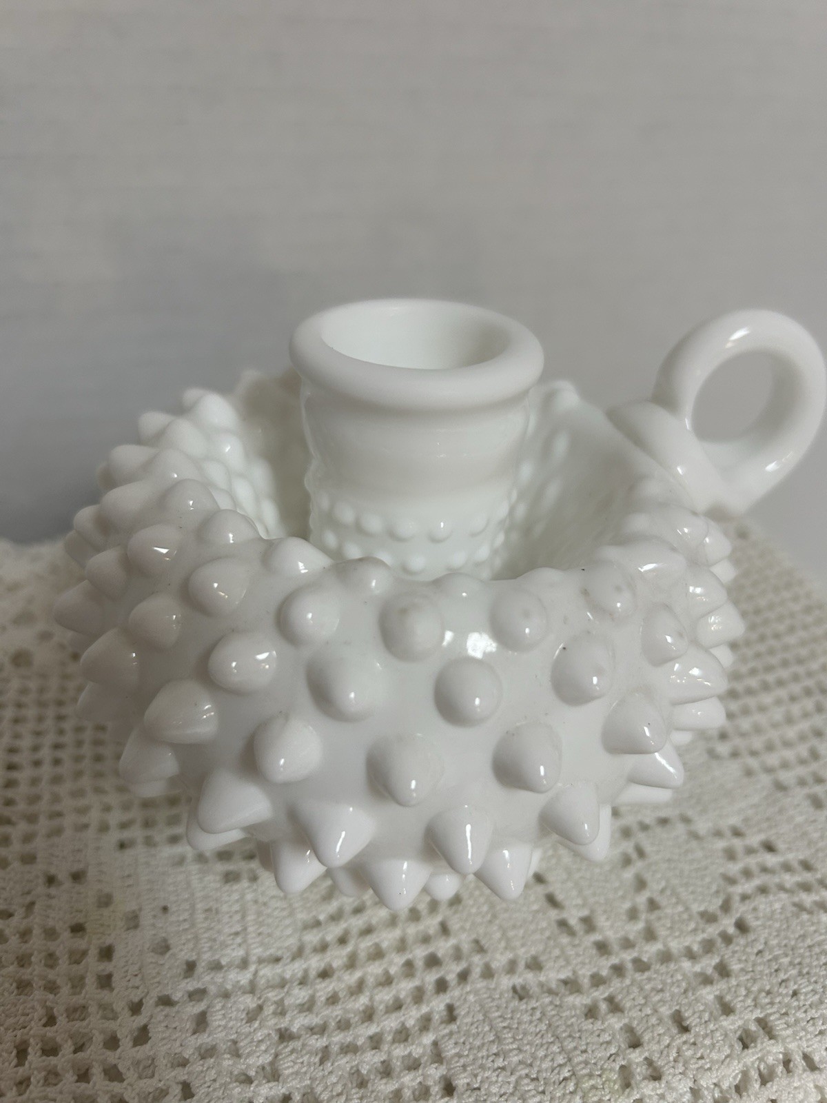 Fenton Milk Glass Candlestick, Handled Hobnail- Mint Condition