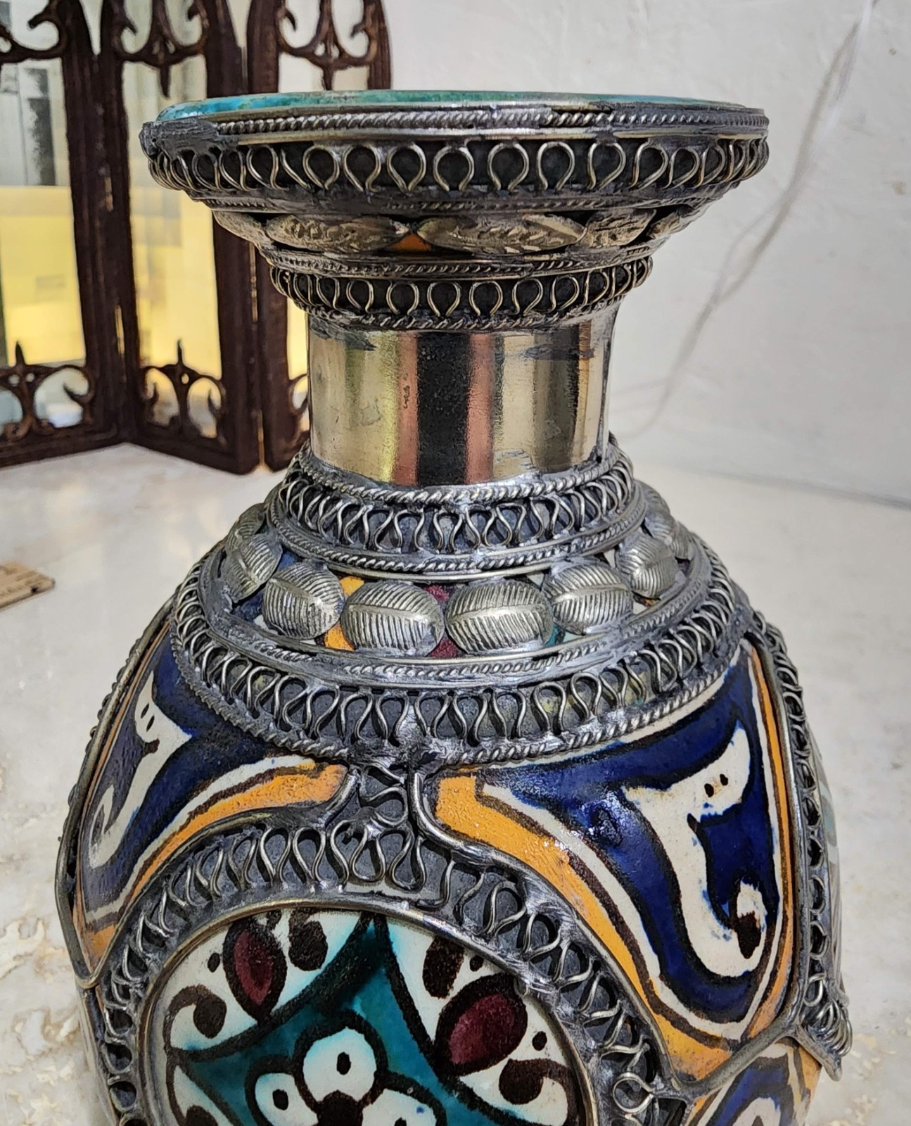 Vintage Moroccan Fez Pottery Vase Nickel Silver Wire Filigree Art de Poterie ACH Vintage Moroccan Fez Pottery Vase Nickel Silver Wire Filigree Art de Poterie ACH
