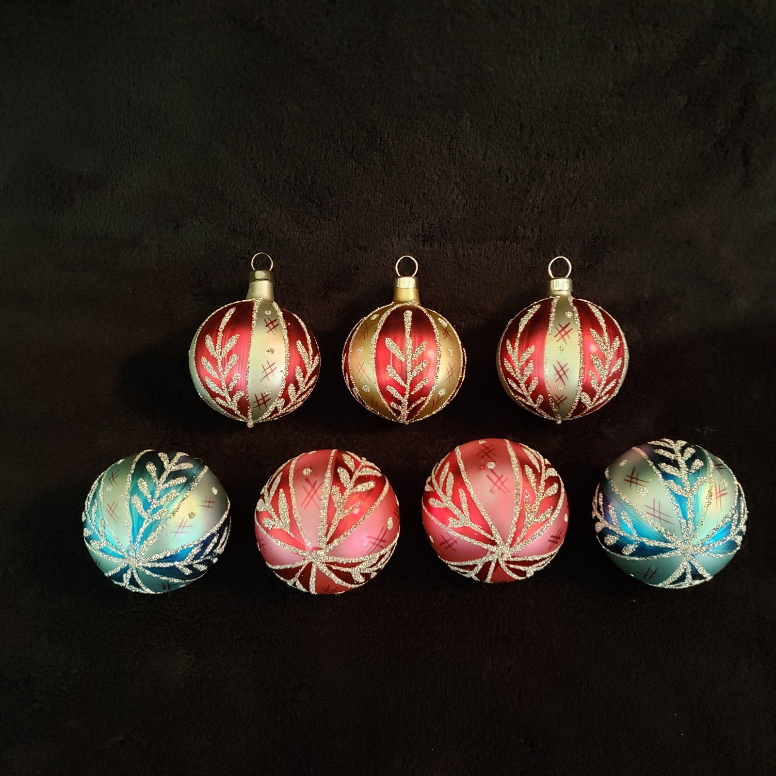 Vintage Christmas Ornaments Handpainted Mercury Glass Glitter 1.75\