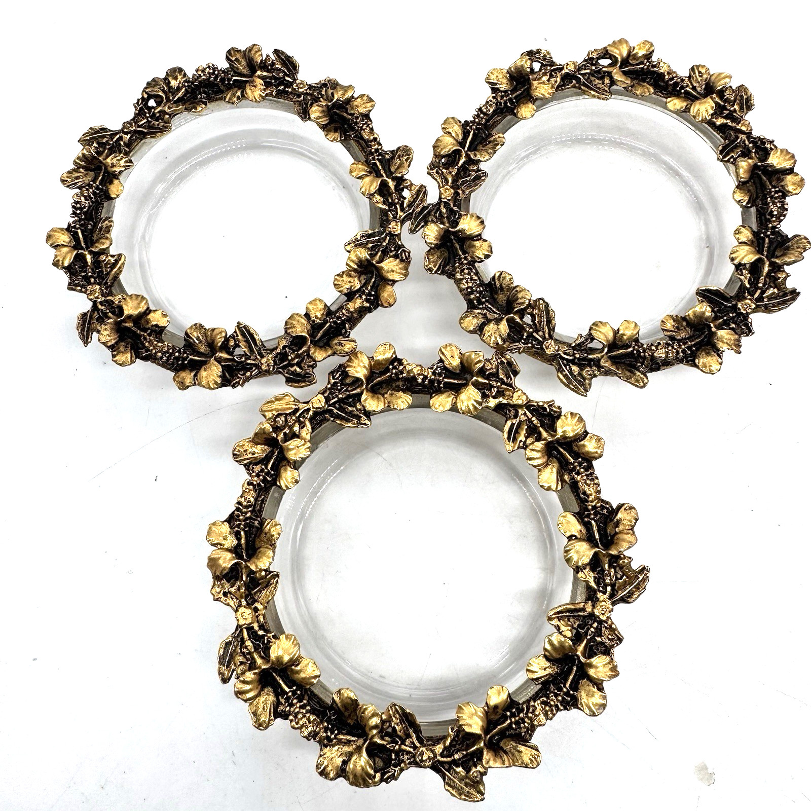 Lot 3 Vtg MCM Gresco Hibiscus Gold Gilded Trinket Bowls Coasters Ornate Signed