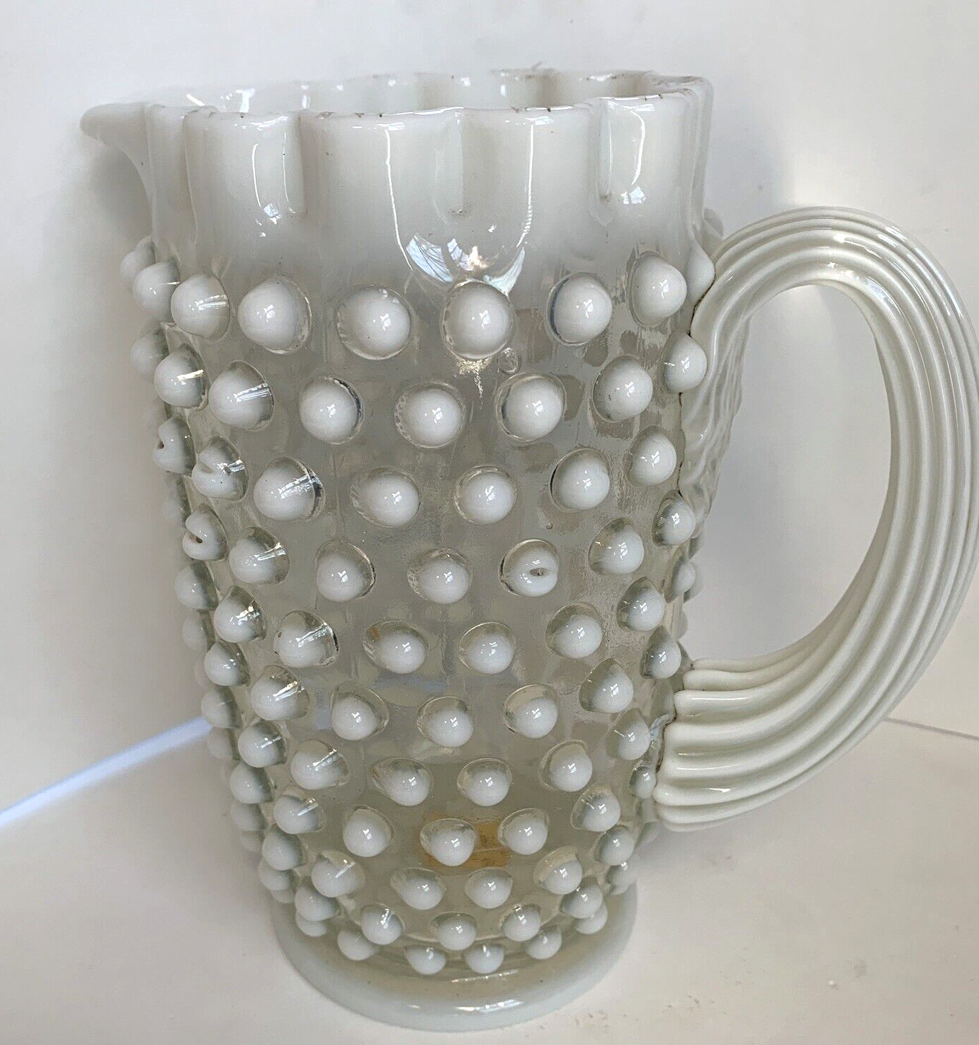 Opalescent White Ruffle Top Hobnail Handle Handblown Glass Pitcher 8\