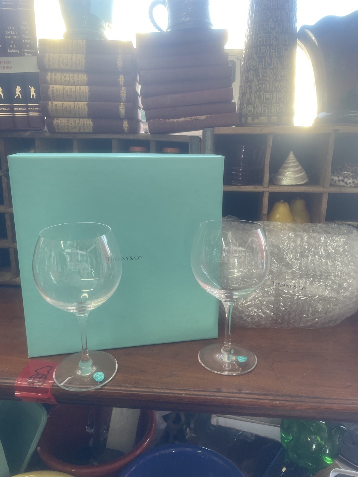 tiffany  & Co Home Essentials Clear Red Wine Crystal Goblet Stems New Box Pair 