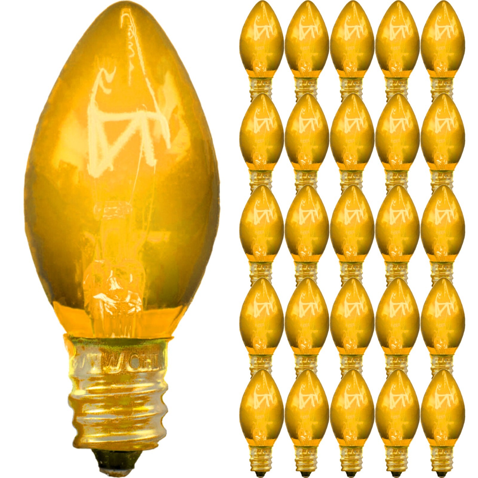 C-9 YELLOW CLEAR STEADY LIGHT BULBS BRAND NEW 1 BOX OF 25 C9 Gold CHRISTMAS C-9 YELLOW CLEAR STEADY LIGHT BULBS BRAND NEW 1 BOX OF 25 C9 Gold CHRISTMAS