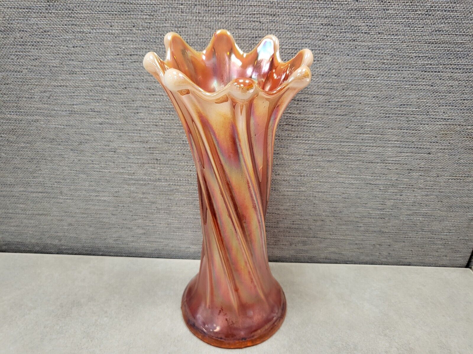 Vintage Dugan Marigold Carnival Glass Ribbed Iridescent Vase - 9 inches Tall