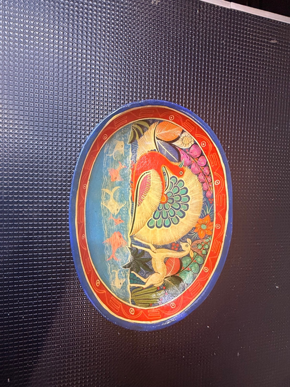 Vintage Mexican Folk Art Pottery Bowl Hand Painted Bird Deer Fish