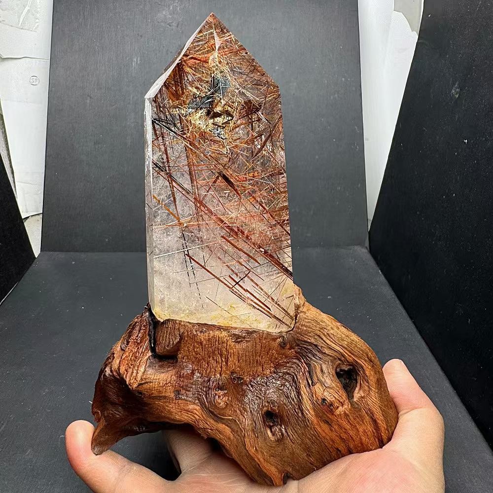 570g Natural Rutilated Quartz Obelisk Crystal Mineral Reiki Decor+ Stand