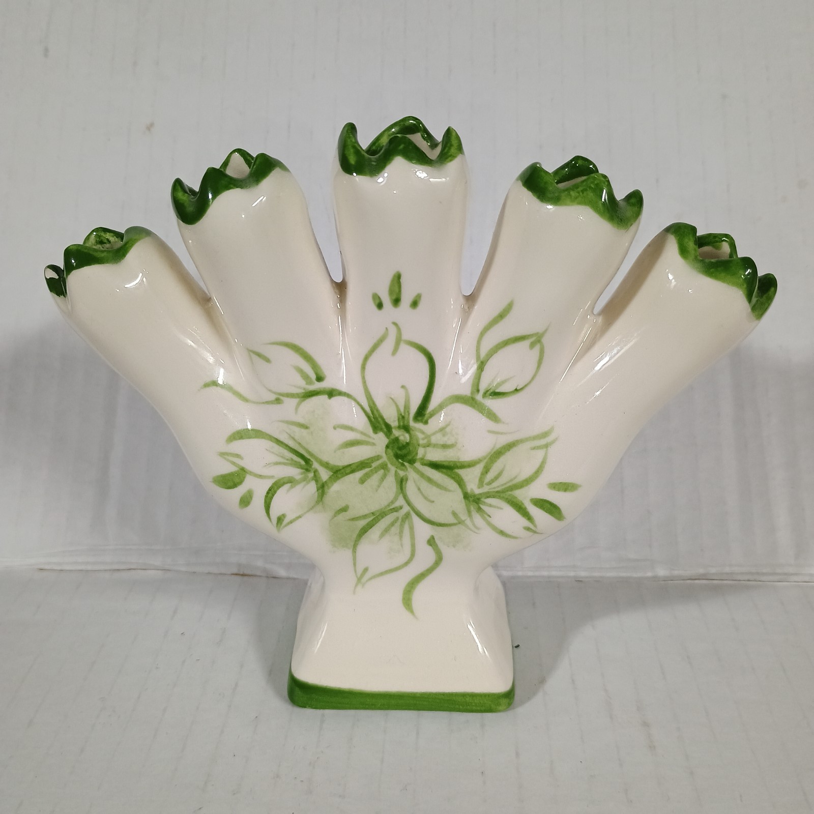 Leart Five Finger Bud Vase Hand Painted Green Floral #304 USA