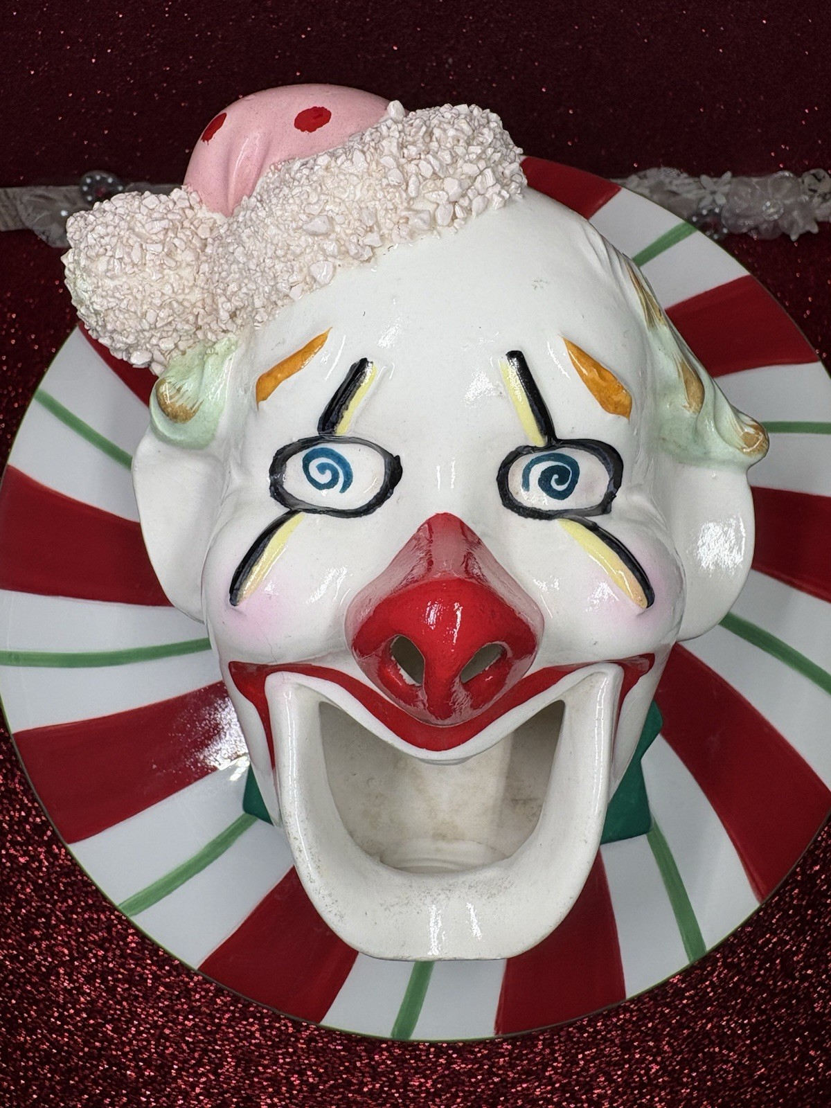 Vtg Ceramic Crazy Eyed Clown Face Pink Polka Dot Hat Smoker Ashtray Thames Japan
