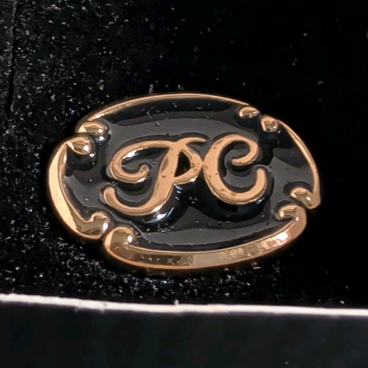 PC Logo Oval Pinback Lapel Pin Black Enamel Black & Gold Tone