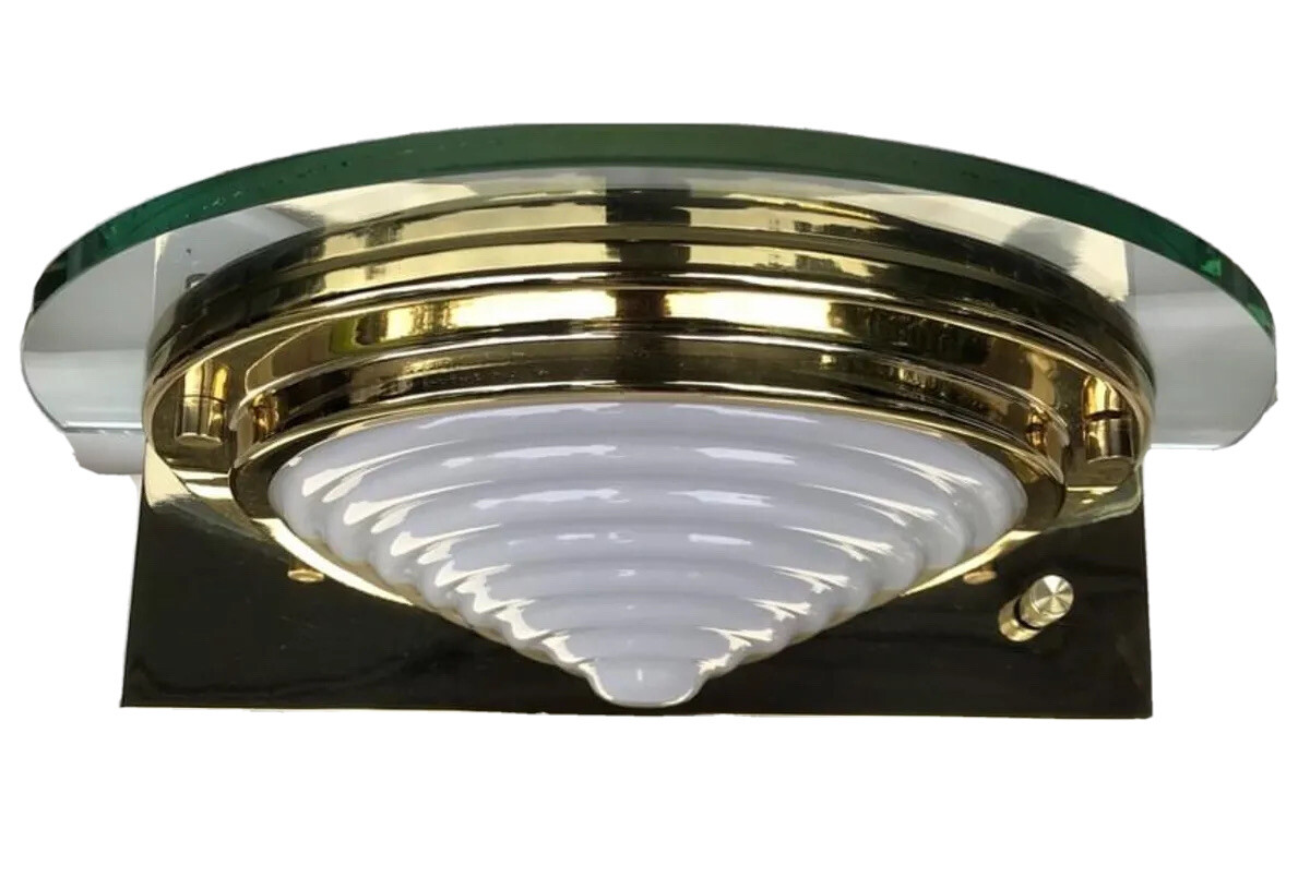 PAIR Brass Glass Art Deco Wall Sconce Demilune Sconces Halo Half Moon