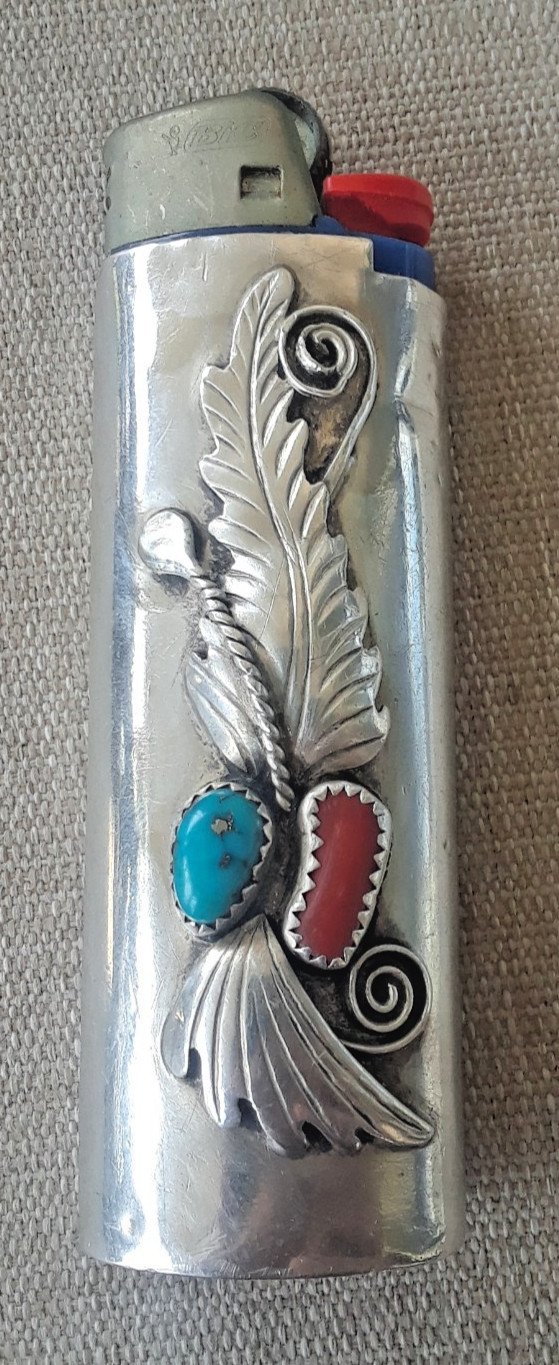 Vintage Navajo Sterling Silver Feather Turquoise & Coral Bic Lighter Holder Case