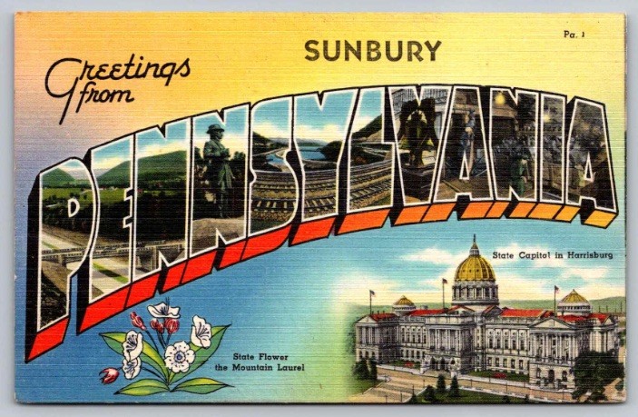 c1940 Greetings From Large Letter Sunbury Pennsylvania PA Capitol Linen Postcard c1940 Greetings From Large Letter Sunbury Pennsylvania PA Capitol Linen Postcard