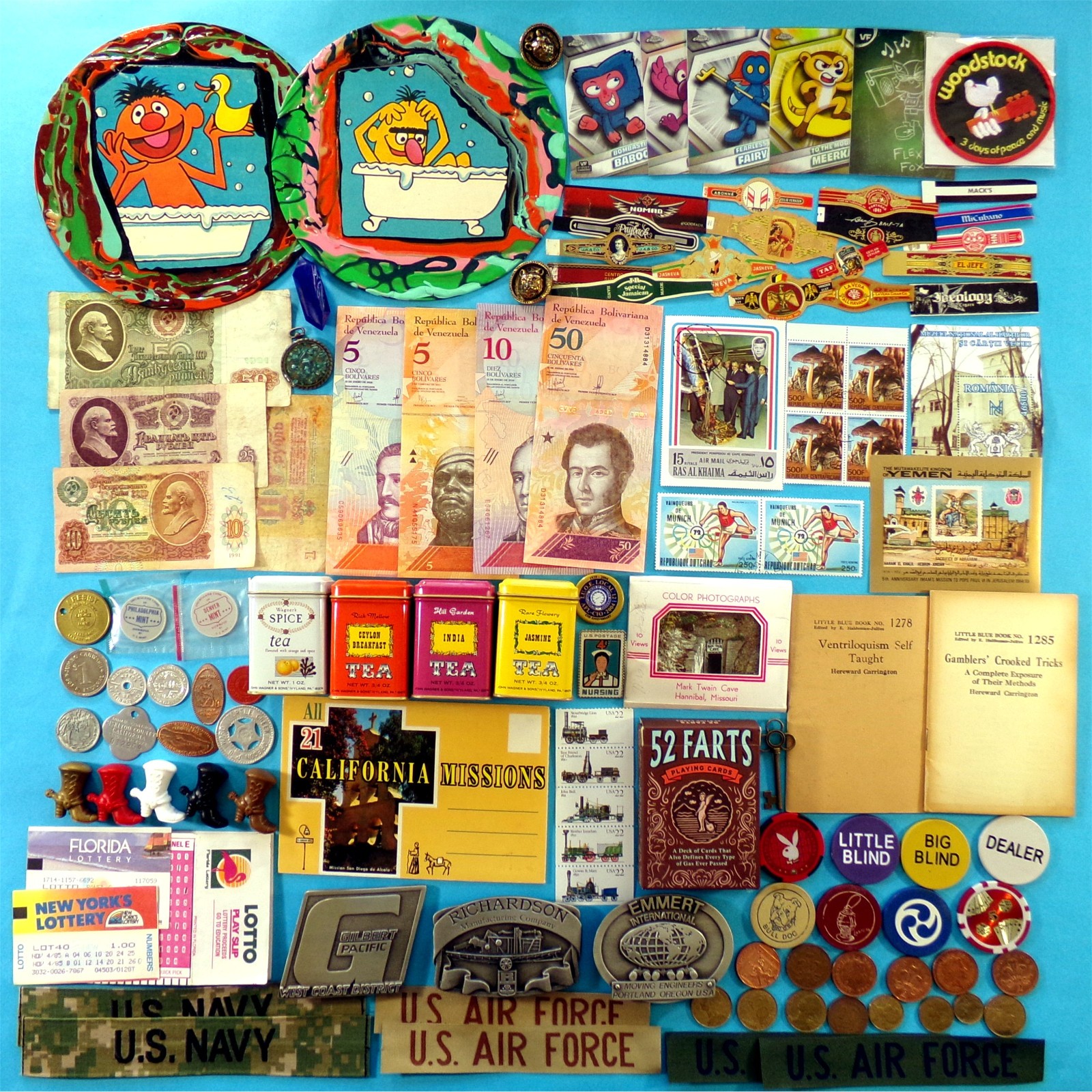 Junk Drawer Oddity Lot Vintage World Stamps Art Currency Cards Tokens Bands Tins