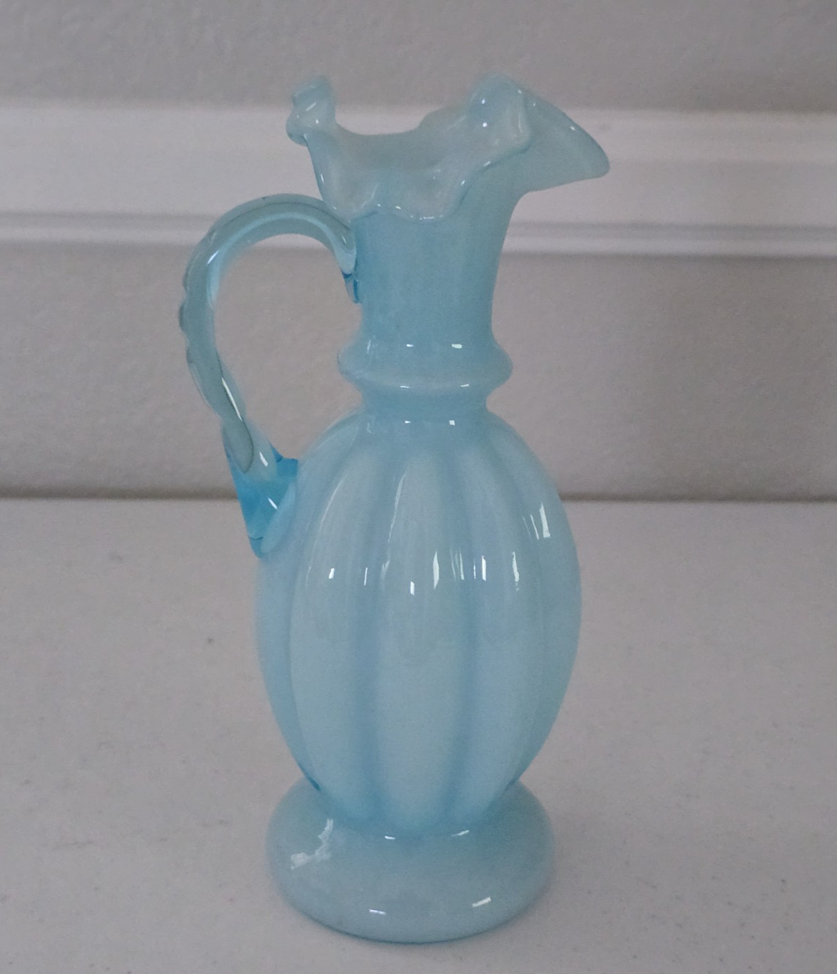Fenton Blue Overlay Glass Melon Ewer Pitcher Vintage 9.5\