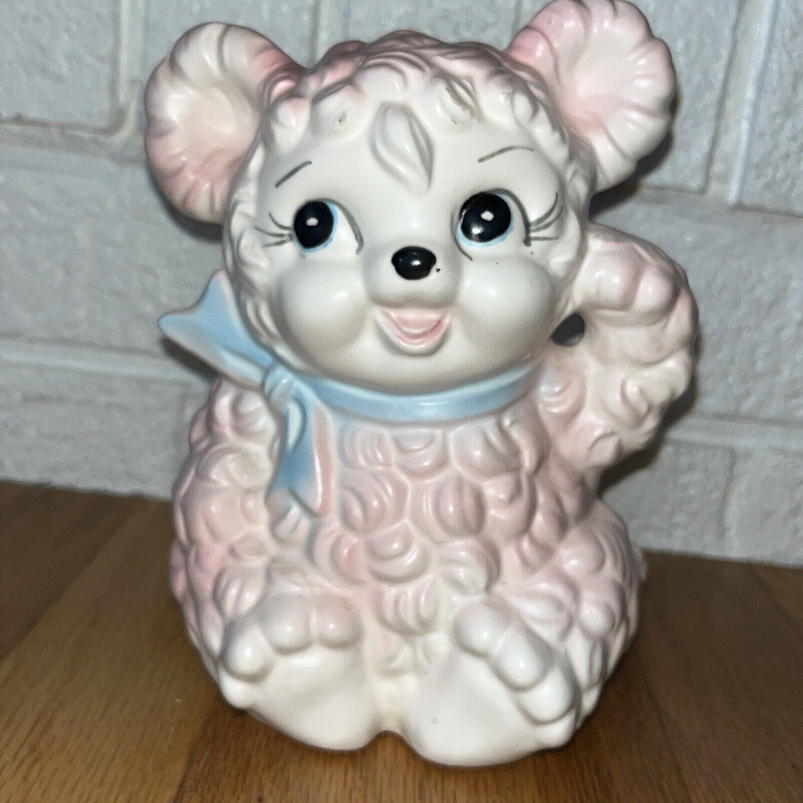 Vintage 1950\'s Curly Lamb Ceramic Planter Ruben Pink With Blue Bow Kitschy 6.5”