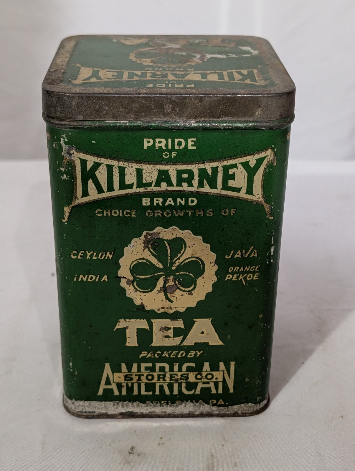 Pride of Killarney Tea Tin American Stores Co Philadelphia 1930s Green Gold Sham