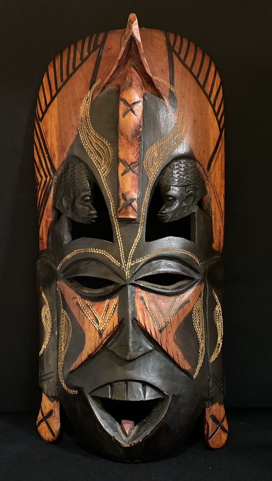 African Tribal Kenya Dan Mask Hand Carved & Painted Wood Vintage Jambo 1989 15”T