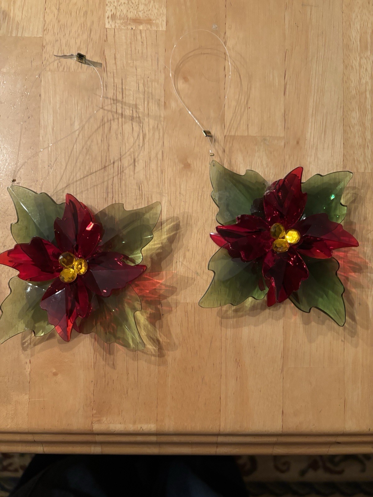 Vintage Acrylic Lucite Poinsettia Ornaments Pair Taiwan Christmas MCM Style Tags