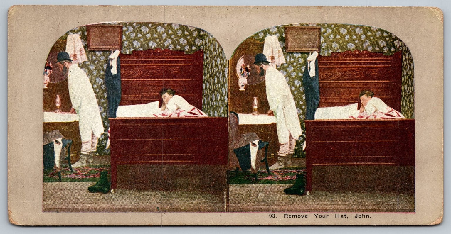Remove Your Hat John Stereoview Card 93 Early 1900s Victorian Humor