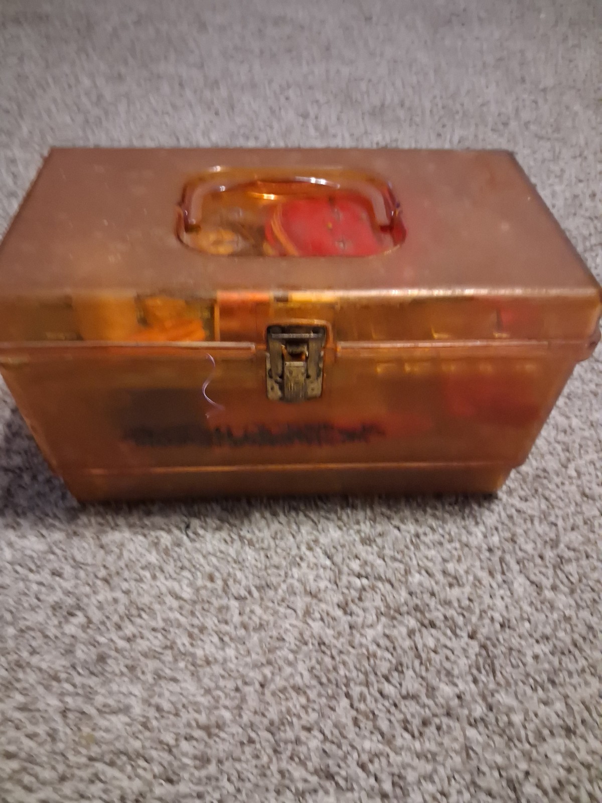 Vintage Amber Plastic Sewing Box with A Lot of Sewing Accessories and Contents