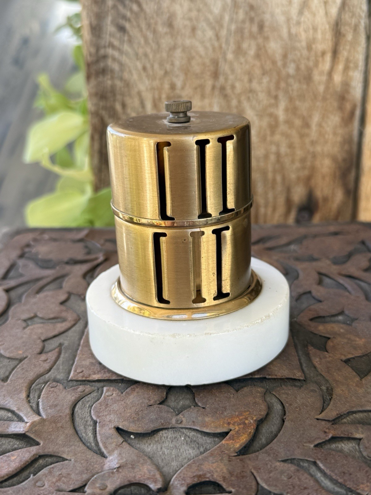 Vintage Mid-Century Brass Cigarette Dispenser Mechanical White Marble Base MCM