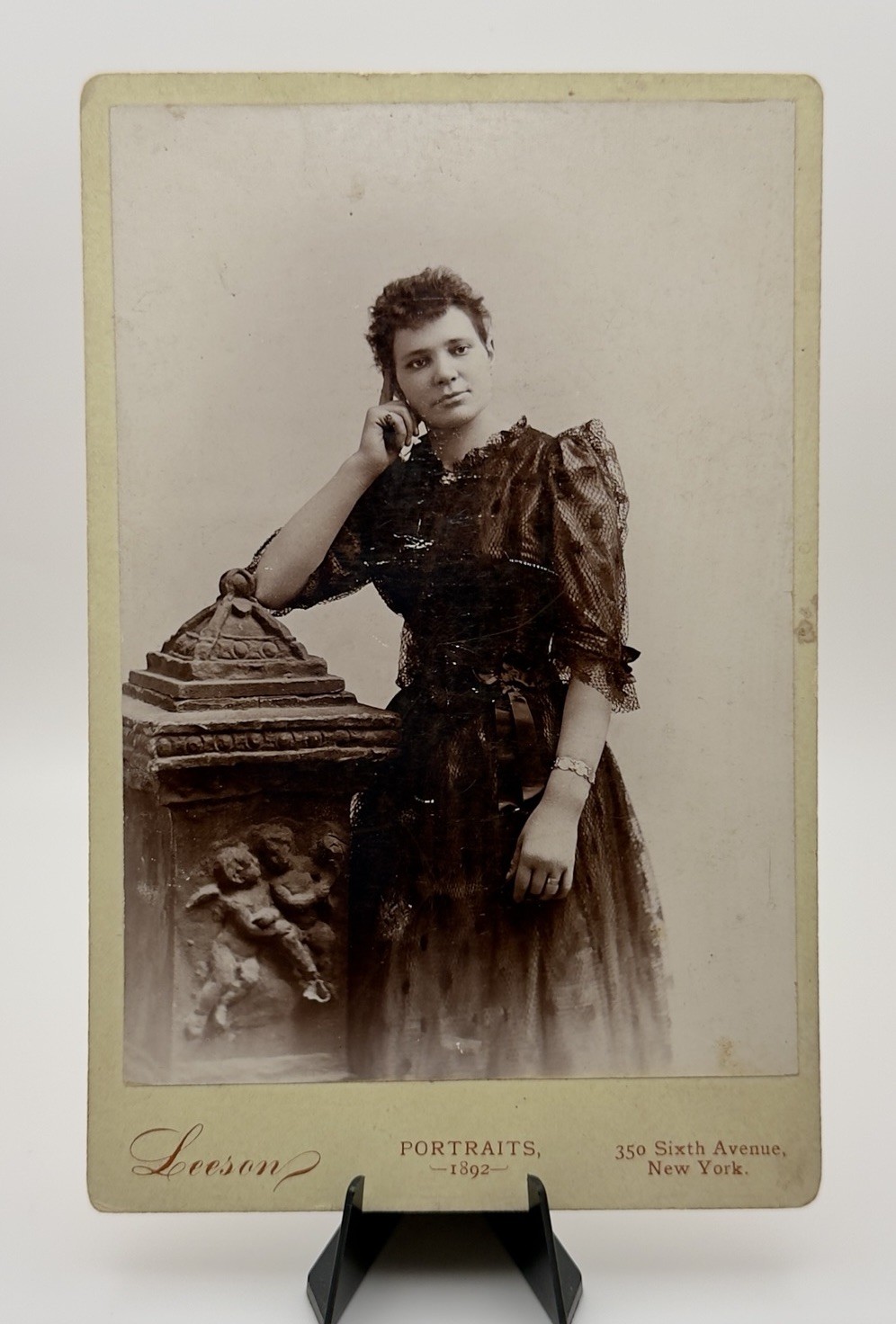 1892 Victorian Cabinet Card Photo Sheer Lace Evening Gown NY Leeson Photo Studio