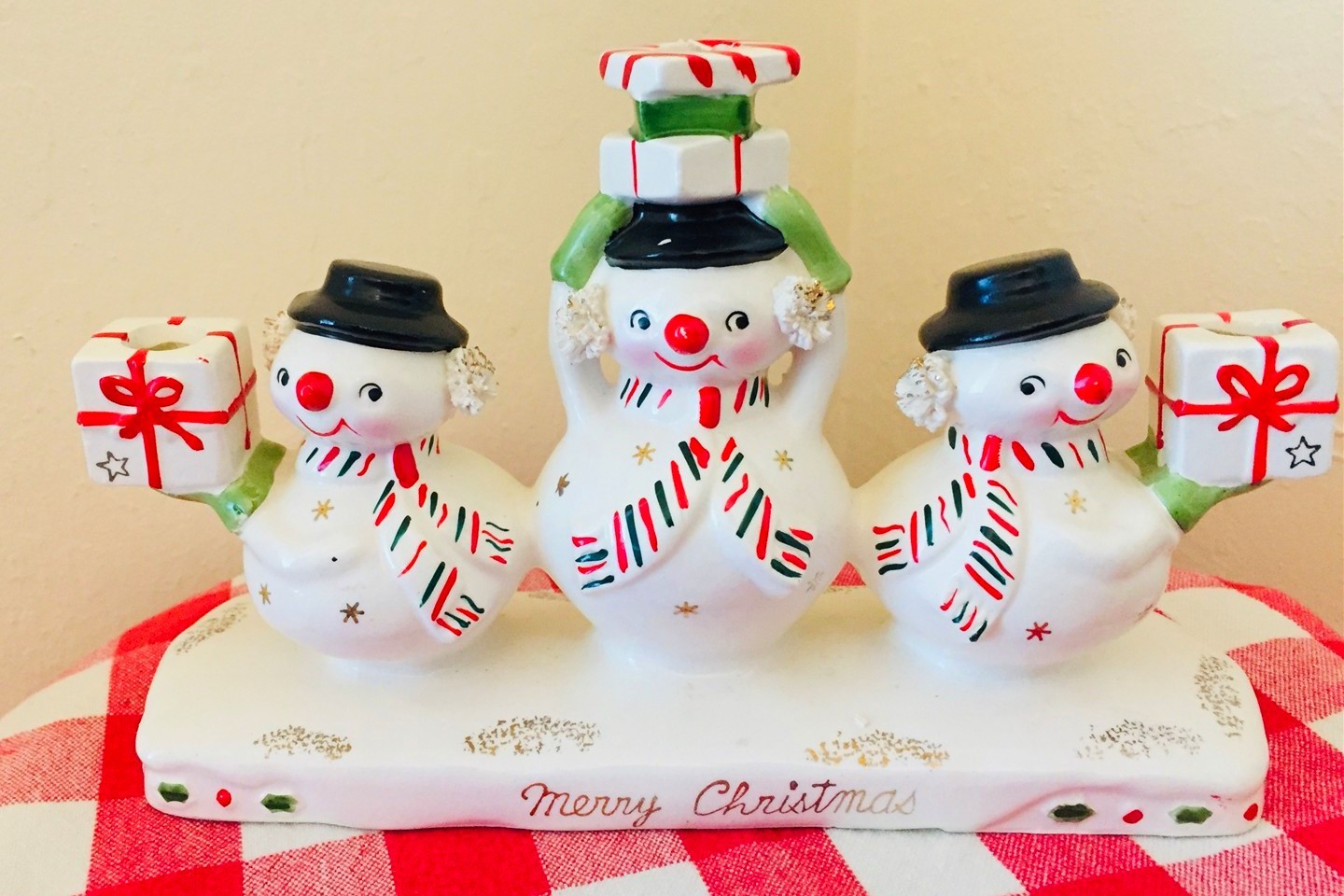 Rare Vintage Holt Howard Snowman Trio Christmas Candle Holder Japan