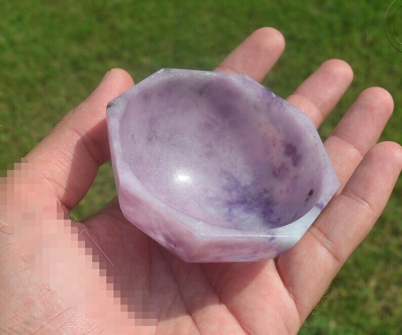 Large 75MM 7.5CM Natural Hexagonal Lepidolite Gemstone Hand Carved Healing Bowl