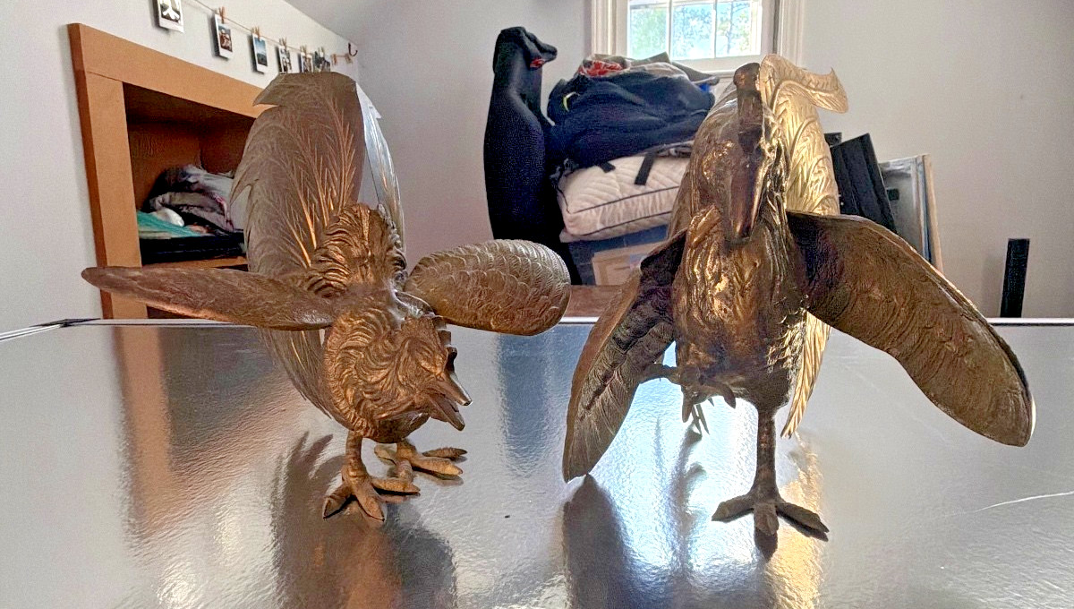 Vintage Mid-Century Brass Fighting Roosters – Matching Pair