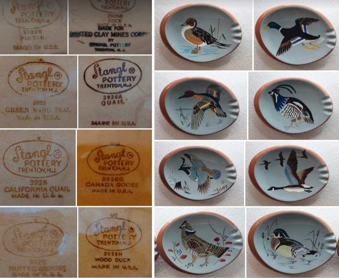Vintage MCM Stangl Pottery collector\'s set (x8) of sportmans game bird ashtrays