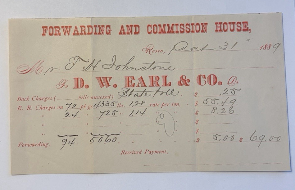 JA70 1889 DW Earl & Co Freight Bill Forwarding & Commission Reno T.H. Johnstone